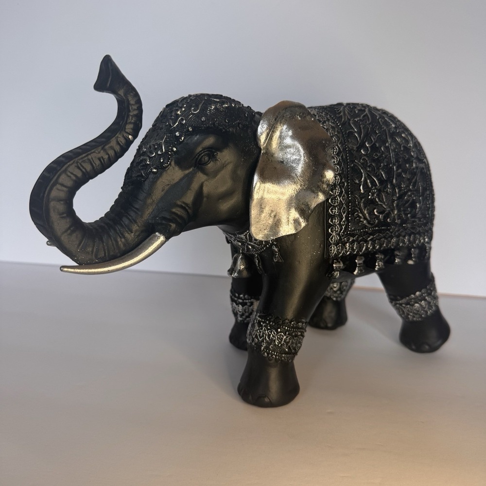 Black & Silver Elephant Figurine Statue sculpture 8"  Trunk Up For Good Luck - Picture 6 of 9